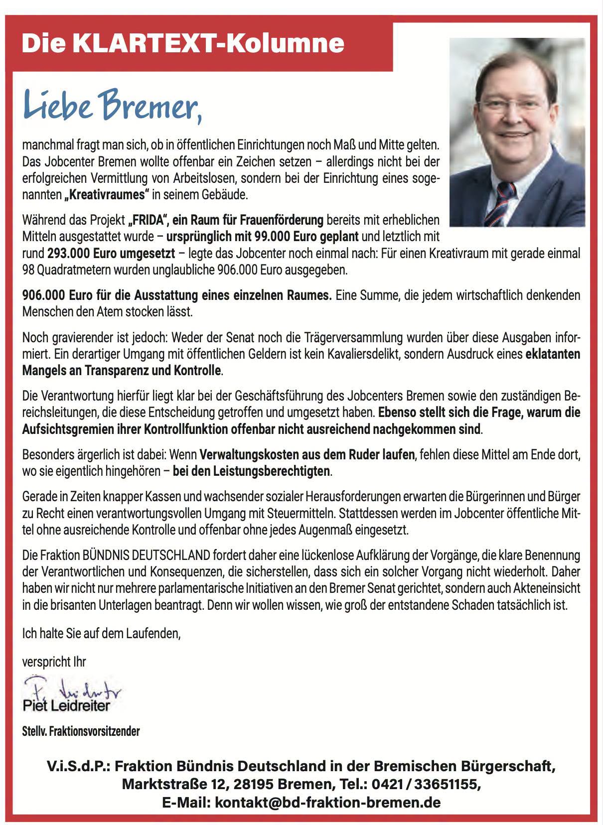 KLARTEXT-Kolumne von Piet Leidreiter zum Kreativraum im Jobcenter Bremen